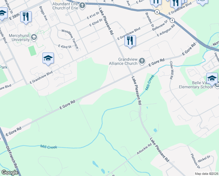 map of restaurants, bars, coffee shops, grocery stores, and more near 826 East Gore Road in Erie