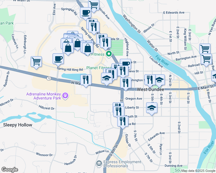 map of restaurants, bars, coffee shops, grocery stores, and more near 818 West Main Street in West Dundee