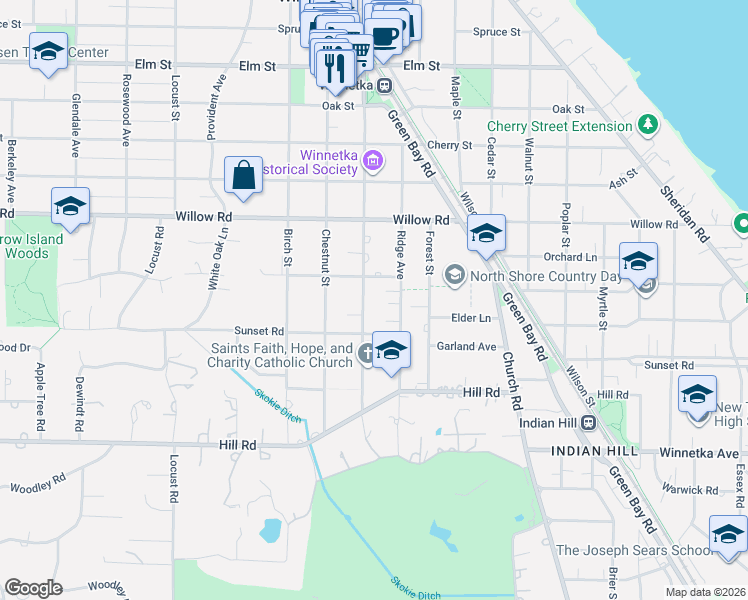 map of restaurants, bars, coffee shops, grocery stores, and more near 285 Linden Street in Winnetka
