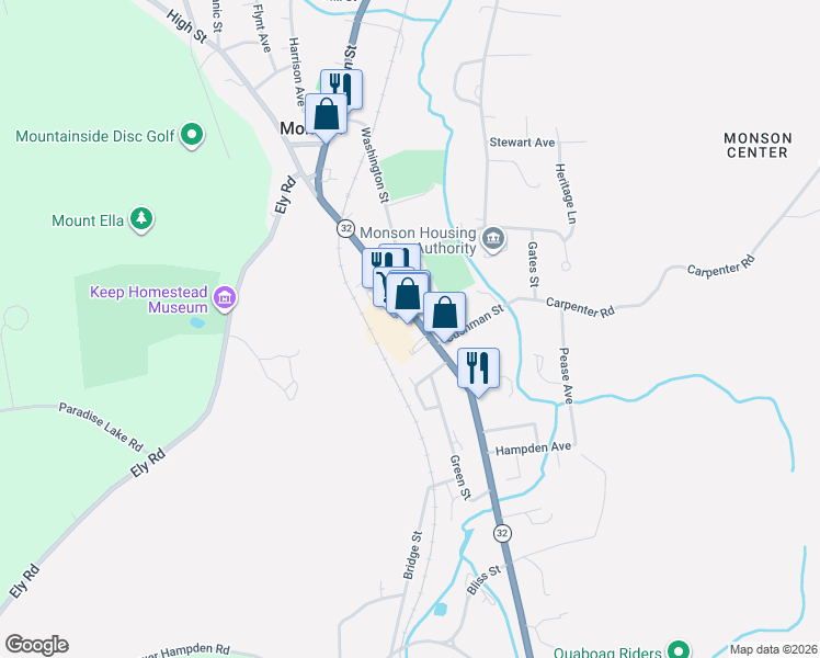 map of restaurants, bars, coffee shops, grocery stores, and more near 125 Main Street in Monson