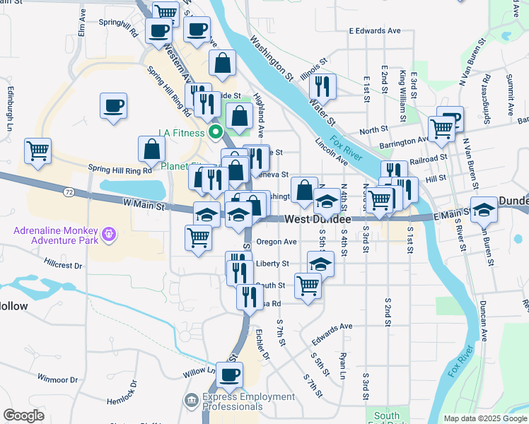 map of restaurants, bars, coffee shops, grocery stores, and more near 706 Washington Street in West Dundee