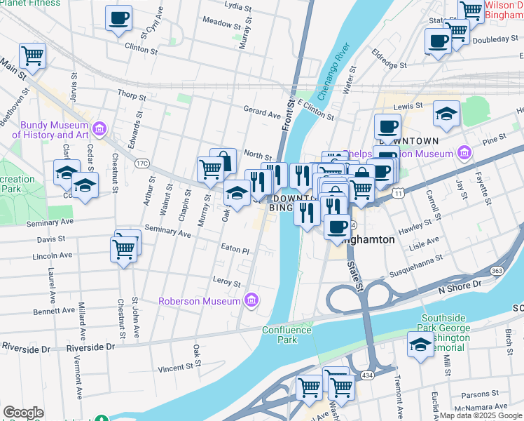 map of restaurants, bars, coffee shops, grocery stores, and more near in Binghamton