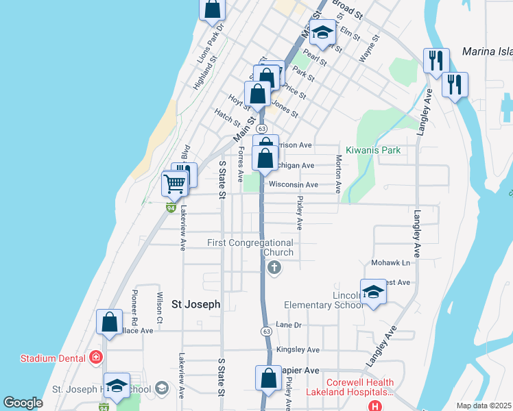 map of restaurants, bars, coffee shops, grocery stores, and more near 1600 Niles Avenue in St. Joseph