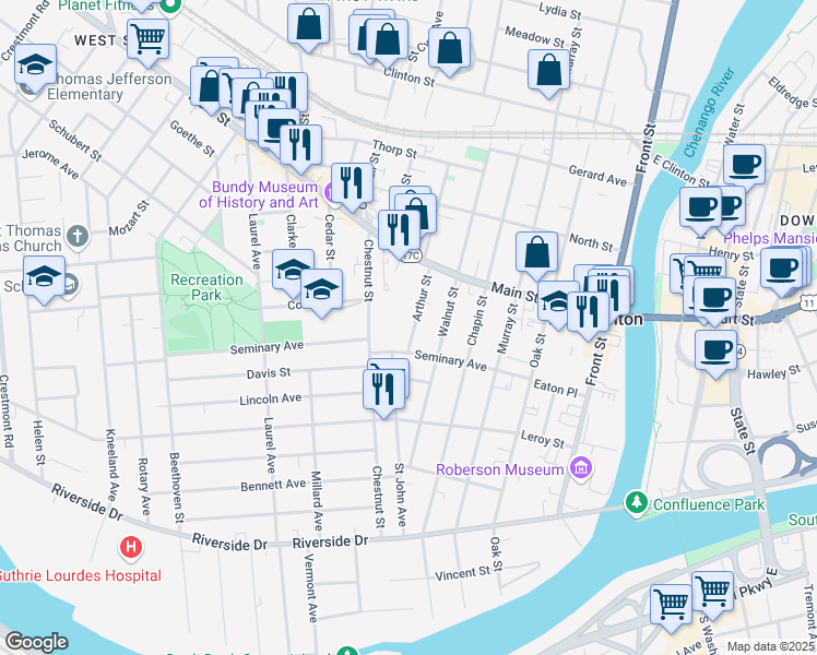 map of restaurants, bars, coffee shops, grocery stores, and more near 9 Arthur Street in Binghamton