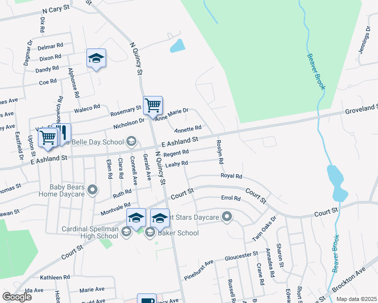 map of restaurants, bars, coffee shops, grocery stores, and more near 75 Regent Road in Brockton