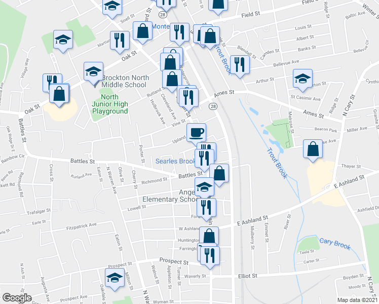 map of restaurants, bars, coffee shops, grocery stores, and more near 22 Lansdowne Street in Brockton