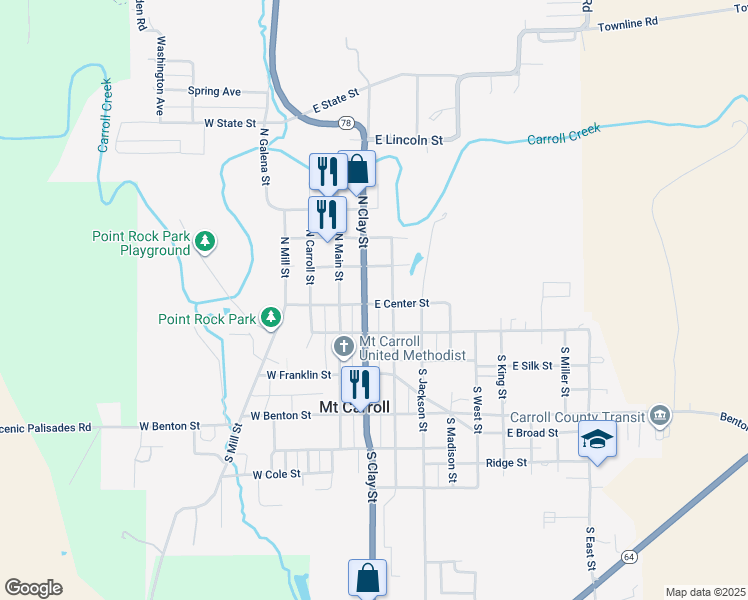 map of restaurants, bars, coffee shops, grocery stores, and more near 115 North Clay Street in Mount Carroll