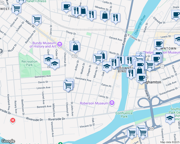 map of restaurants, bars, coffee shops, grocery stores, and more near 130 Chapin Street in Binghamton