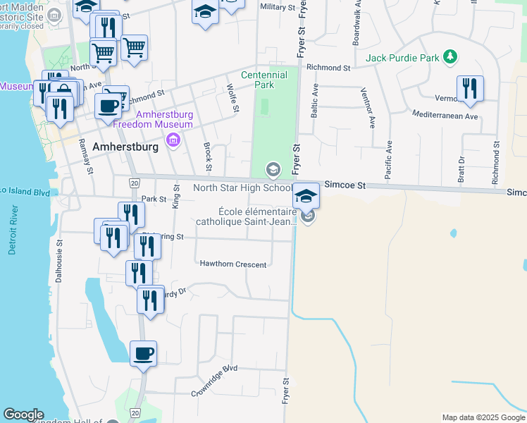 map of restaurants, bars, coffee shops, grocery stores, and more near 337 Victoria Street South in Amherstburg