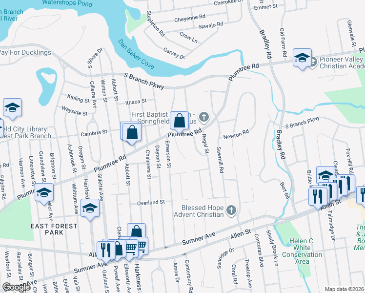 map of restaurants, bars, coffee shops, grocery stores, and more near 591 Plumtree Road in Springfield