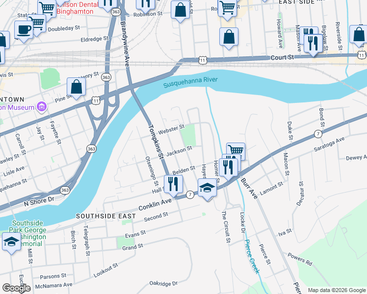 map of restaurants, bars, coffee shops, grocery stores, and more near 95 Jackson Street in Binghamton