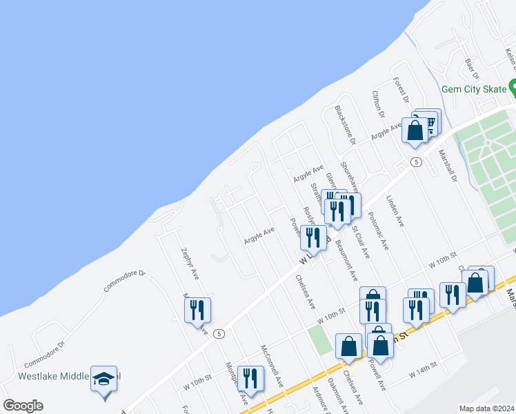 map of restaurants, bars, coffee shops, grocery stores, and more near 418 Chelsea Avenue in Erie