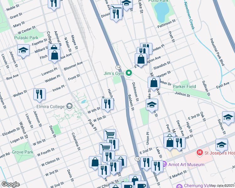 map of restaurants, bars, coffee shops, grocery stores, and more near 236 East 7th Street in Elmira