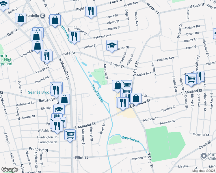 map of restaurants, bars, coffee shops, grocery stores, and more near 75 Melrose Avenue in Brockton