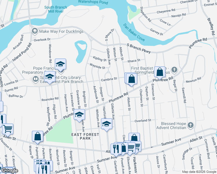 map of restaurants, bars, coffee shops, grocery stores, and more near 76 Gillette Circle in Springfield