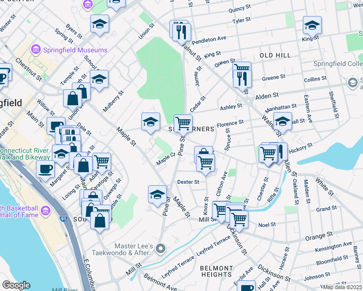 map of restaurants, bars, coffee shops, grocery stores, and more near 267 Central Street in Springfield