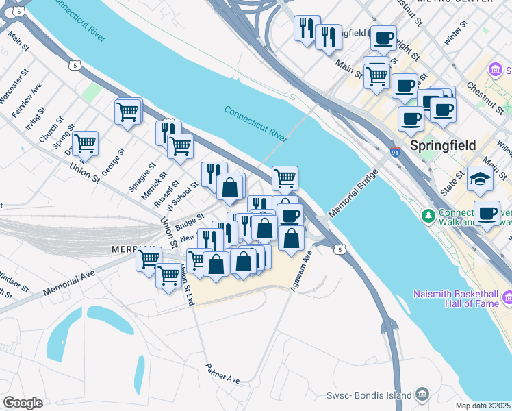 map of restaurants, bars, coffee shops, grocery stores, and more near 9 Globe Street in West Springfield