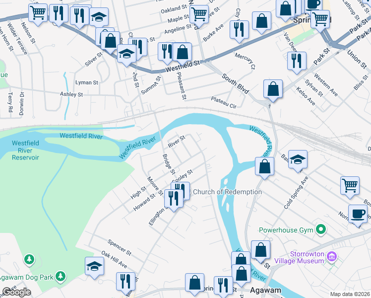 map of restaurants, bars, coffee shops, grocery stores, and more near 27 River Street in Agawam