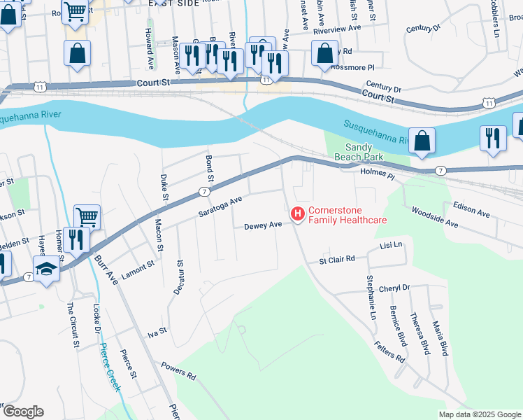 map of restaurants, bars, coffee shops, grocery stores, and more near 74-98 Saratoga Ave in Binghamton
