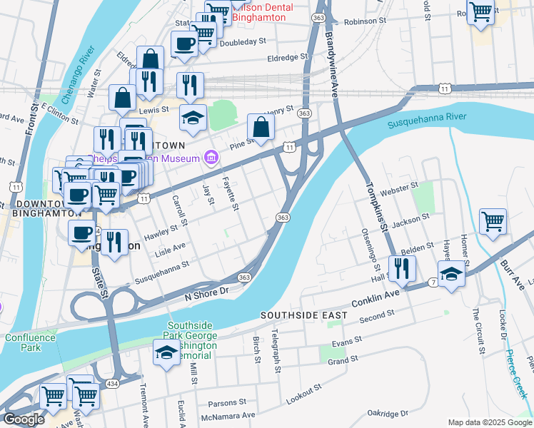 map of restaurants, bars, coffee shops, grocery stores, and more near 10 Rutherford Street in Binghamton