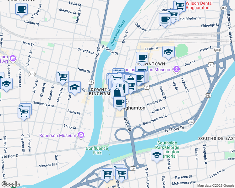 map of restaurants, bars, coffee shops, grocery stores, and more near 47 Court Street in Binghamton
