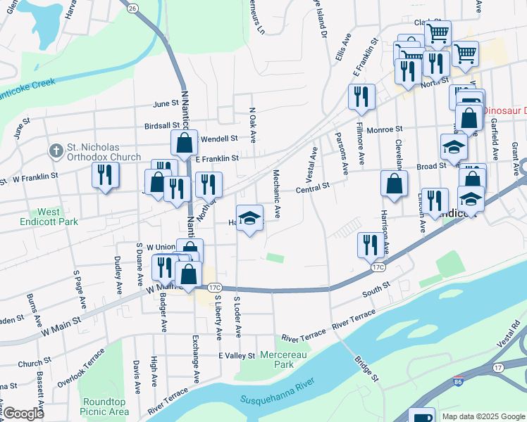 map of restaurants, bars, coffee shops, grocery stores, and more near 20 Mechanic Avenue in Endicott