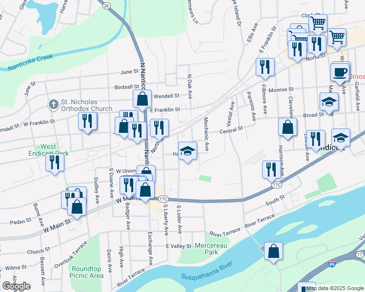 map of restaurants, bars, coffee shops, grocery stores, and more near 10 South Oak Avenue in Endicott
