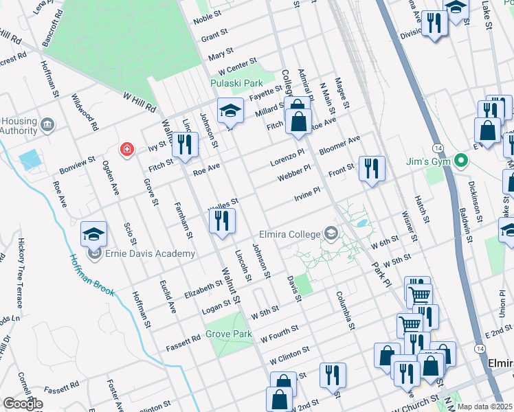 map of restaurants, bars, coffee shops, grocery stores, and more near 922 Davis Street in Elmira
