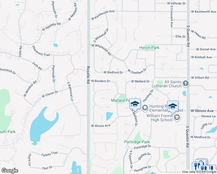 map of restaurants, bars, coffee shops, grocery stores, and more near 1301 West Borders Drive in Palatine