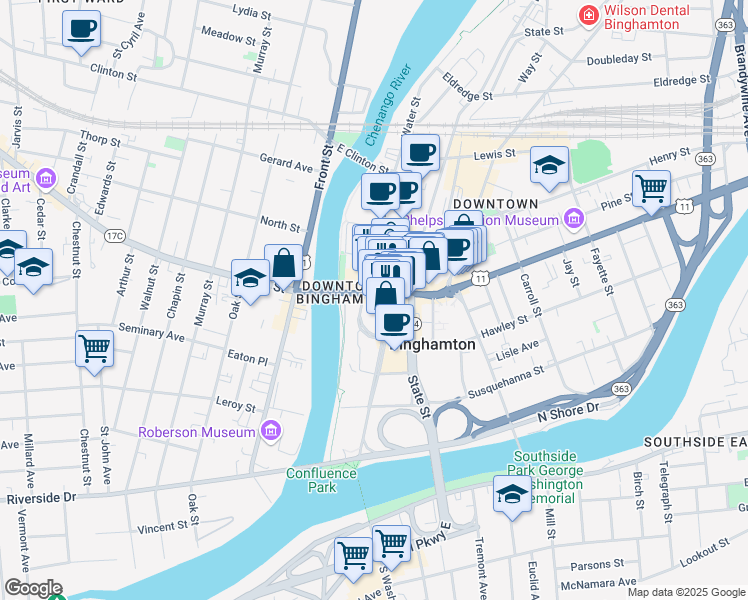 map of restaurants, bars, coffee shops, grocery stores, and more near 36 Court Street in Binghamton