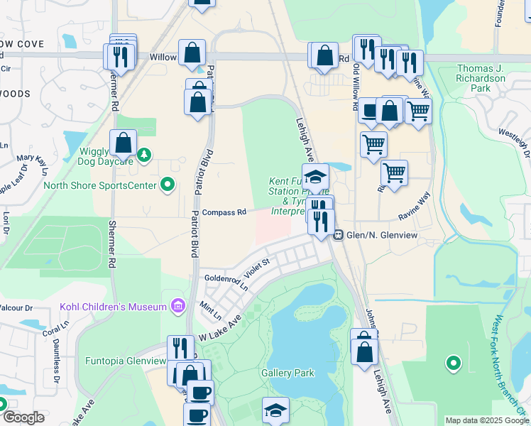 map of restaurants, bars, coffee shops, grocery stores, and more near 2649 Compass Road in Glenview