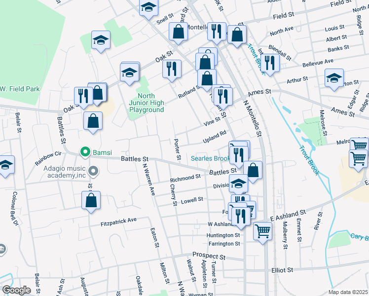 map of restaurants, bars, coffee shops, grocery stores, and more near 90 Upland Road in Brockton