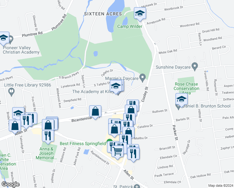 map of restaurants, bars, coffee shops, grocery stores, and more near 180 Cooley Street in Springfield