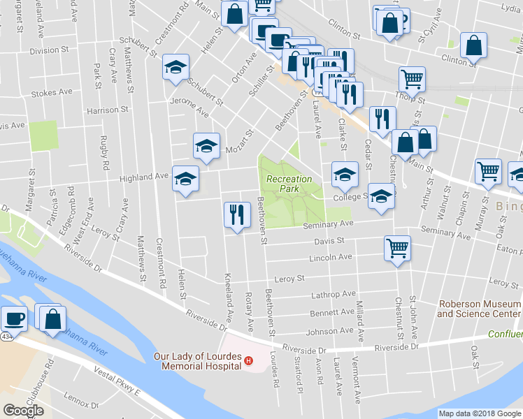 map of restaurants, bars, coffee shops, grocery stores, and more near 60 Beethoven Street in Binghamton