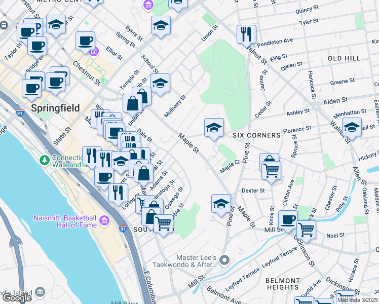 map of restaurants, bars, coffee shops, grocery stores, and more near 220 Maple Street in Springfield