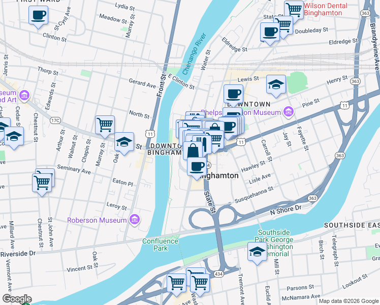 map of restaurants, bars, coffee shops, grocery stores, and more near 47 Court Street in Binghamton