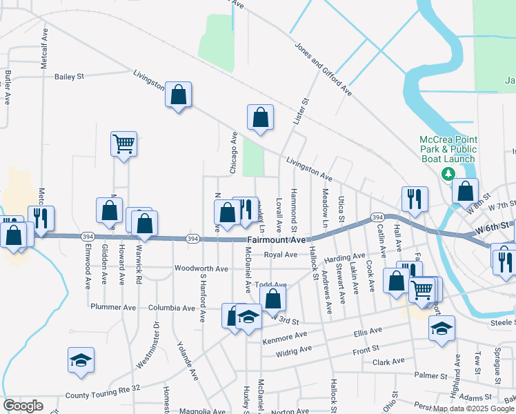 map of restaurants, bars, coffee shops, grocery stores, and more near 25 Shirley Lane in Jamestown