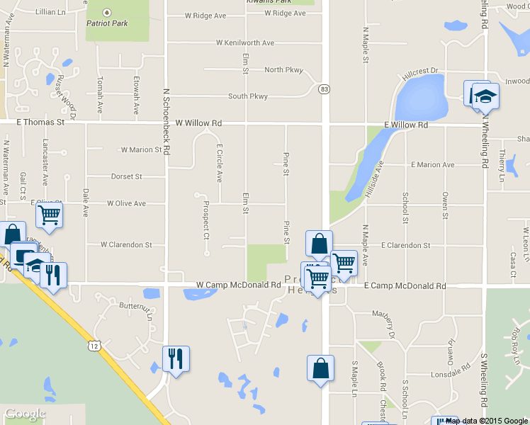 map of restaurants, bars, coffee shops, grocery stores, and more near 105 West Olive Avenue in Prospect Heights