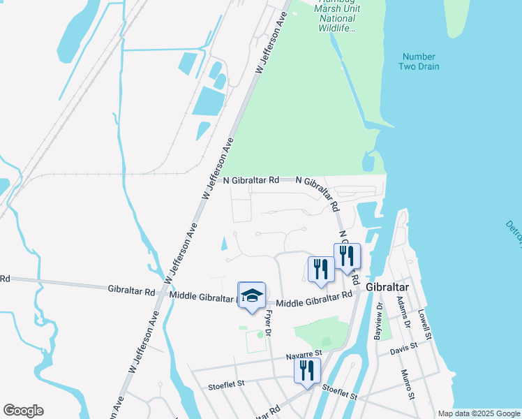 map of restaurants, bars, coffee shops, grocery stores, and more near 14197 Watersway Drive in Gibraltar