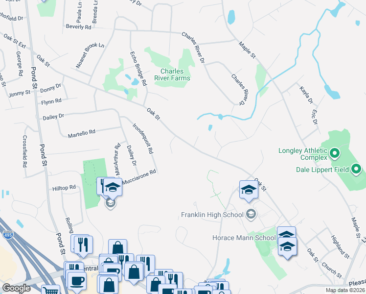 map of restaurants, bars, coffee shops, grocery stores, and more near 379 Oak Street in Franklin