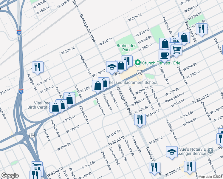 map of restaurants, bars, coffee shops, grocery stores, and more near in Erie
