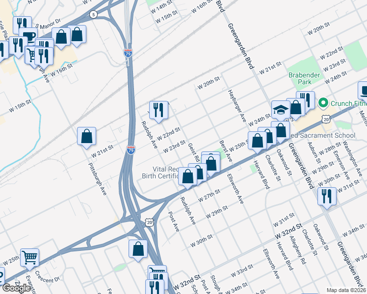 map of restaurants, bars, coffee shops, grocery stores, and more near 1920 West 23rd Street in Erie