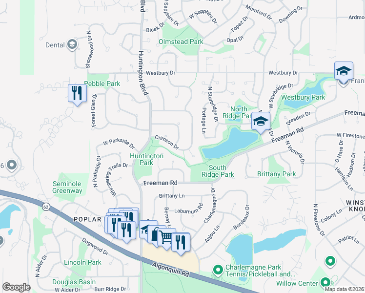 map of restaurants, bars, coffee shops, grocery stores, and more near 4160 Crimson Drive in Hoffman Estates