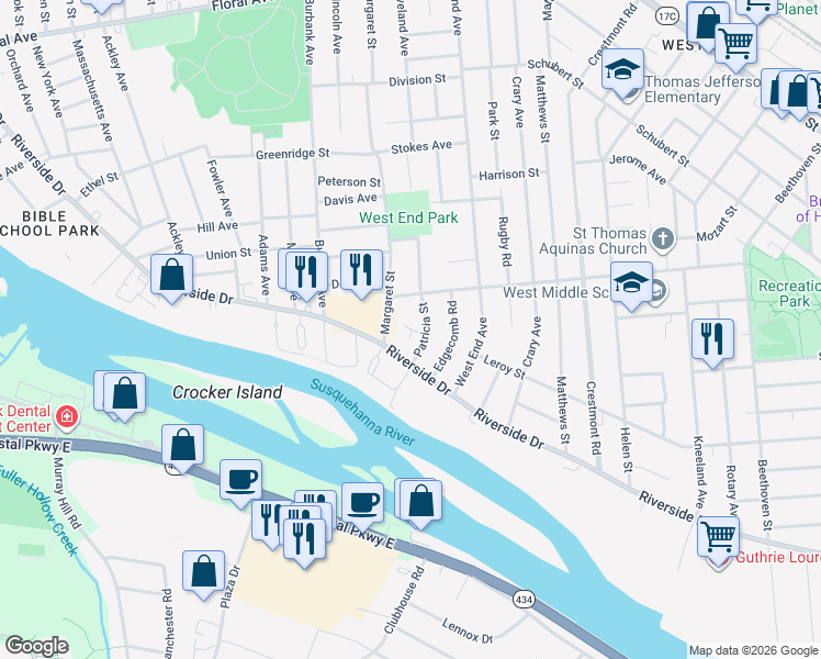 map of restaurants, bars, coffee shops, grocery stores, and more near 35 Duffy Court in Binghamton