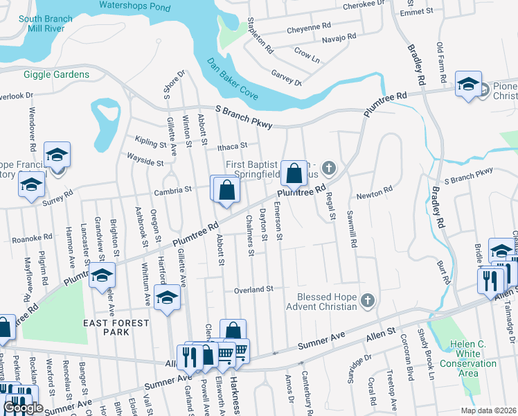 map of restaurants, bars, coffee shops, grocery stores, and more near 514 Plumtree Road in Springfield