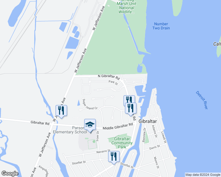 map of restaurants, bars, coffee shops, grocery stores, and more near 13950 Watersway Drive in Gibraltar