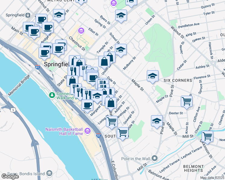 map of restaurants, bars, coffee shops, grocery stores, and more near 50 Winthrop Street in Springfield