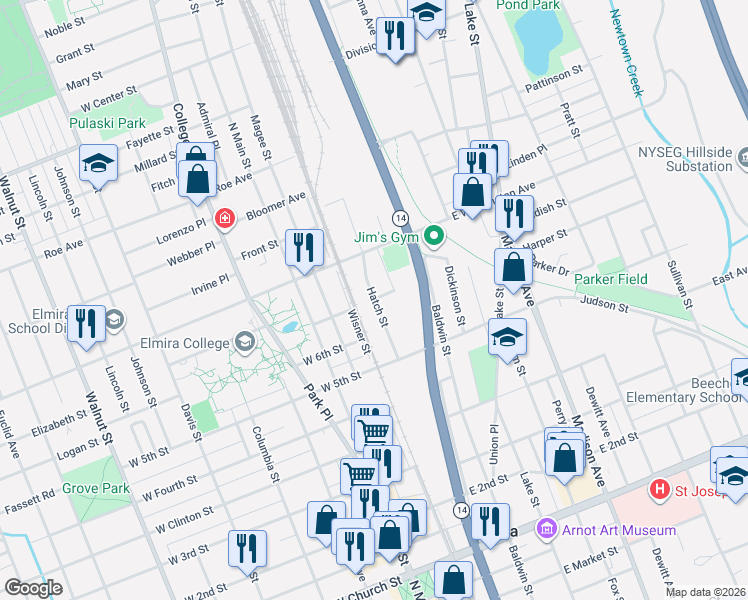 map of restaurants, bars, coffee shops, grocery stores, and more near Hatch Street in Elmira