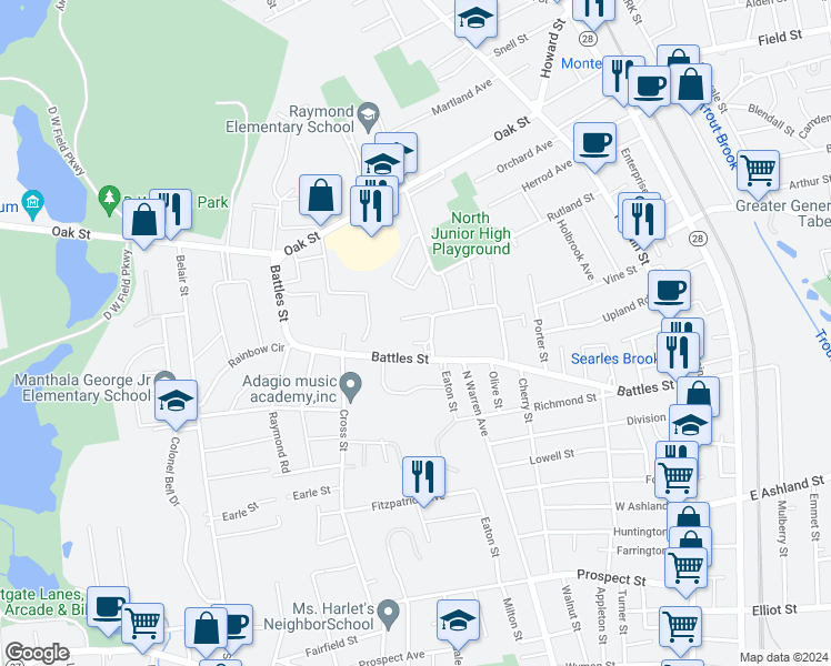 map of restaurants, bars, coffee shops, grocery stores, and more near 81-95 Battles Farm Drive in Brockton