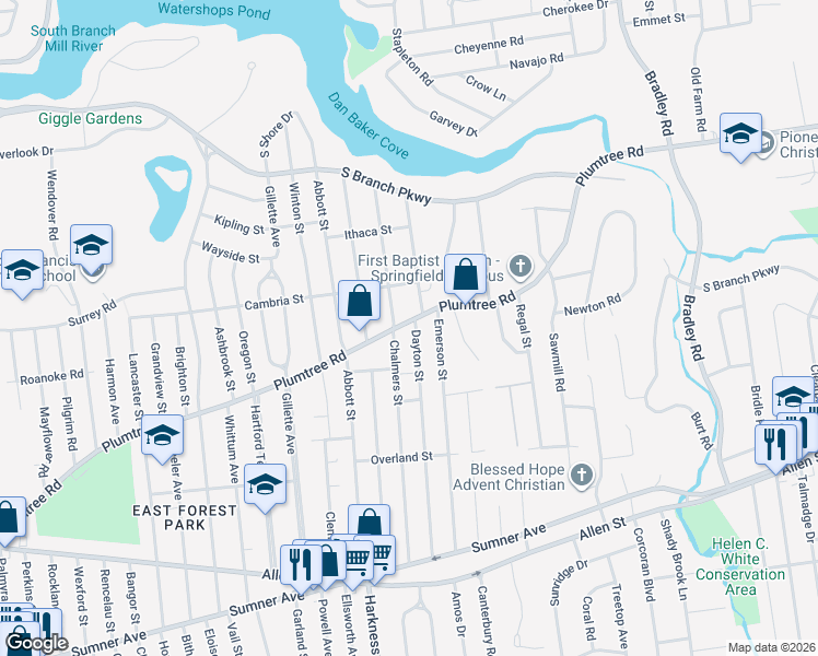 map of restaurants, bars, coffee shops, grocery stores, and more near 514 Plumtree Road in Springfield